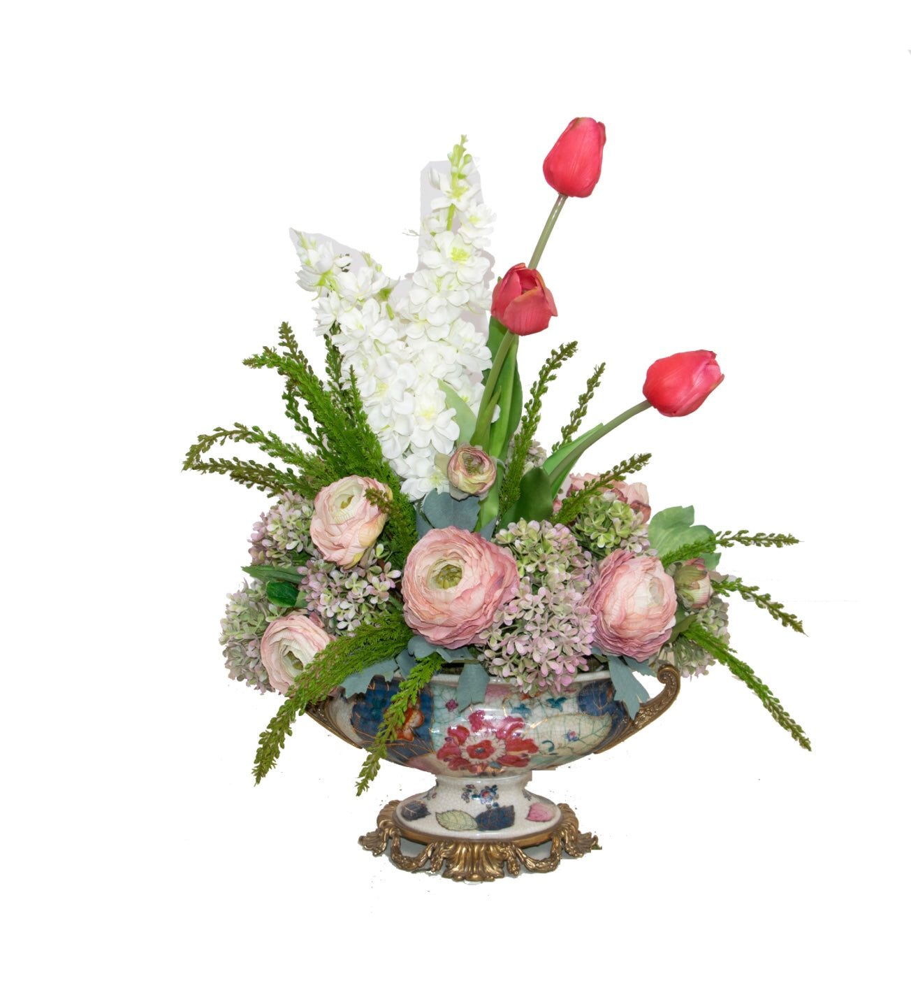 Porcelain Basin W/Bronze & Ranunculus, Delphinium, Cedar