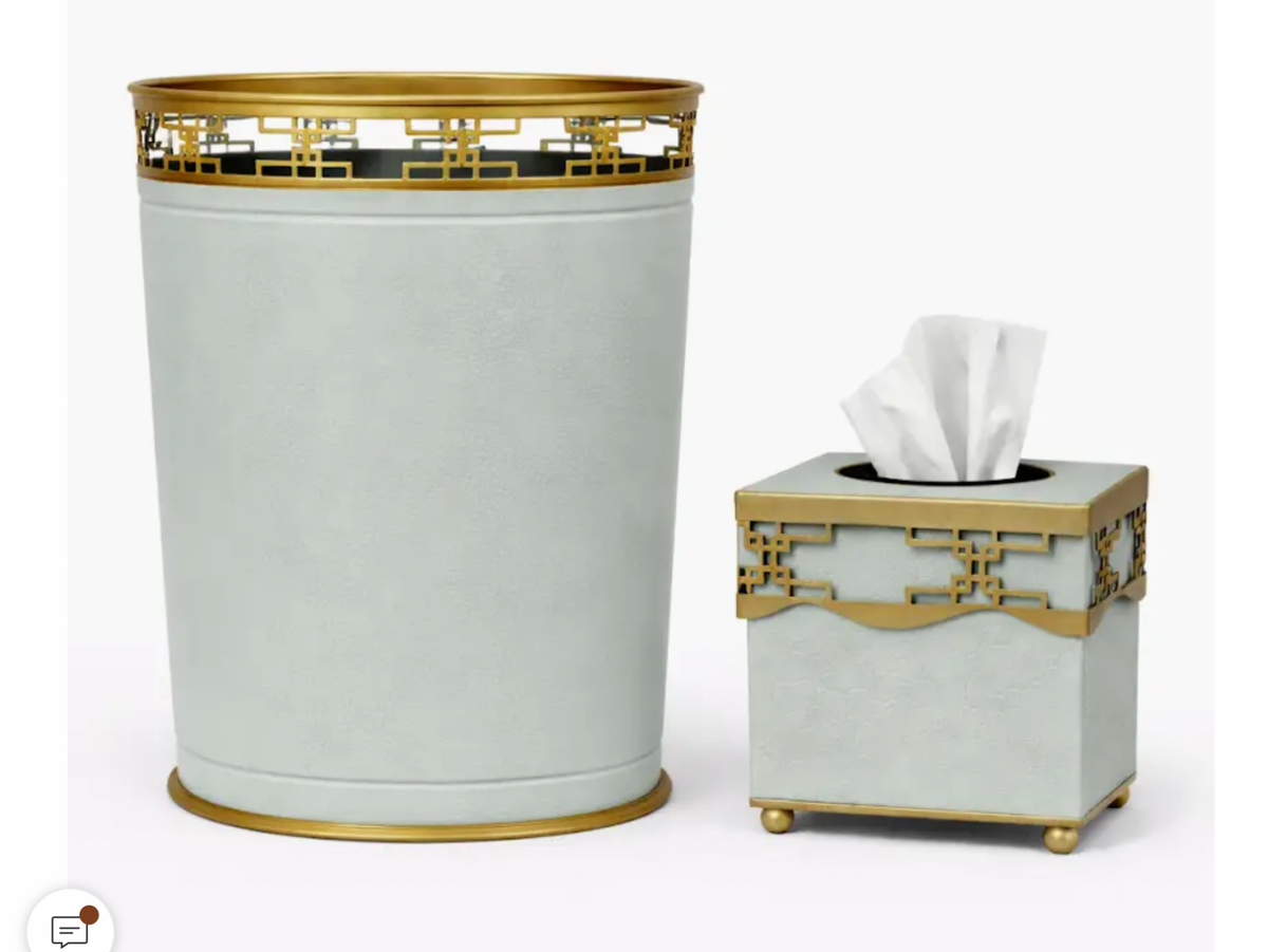 Soft Green Fretwork Waste Basket & Tissue Holder Set