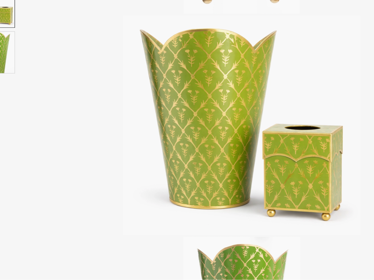 Moss Green & Gold Tulip Wastebasket and Tissue Holder