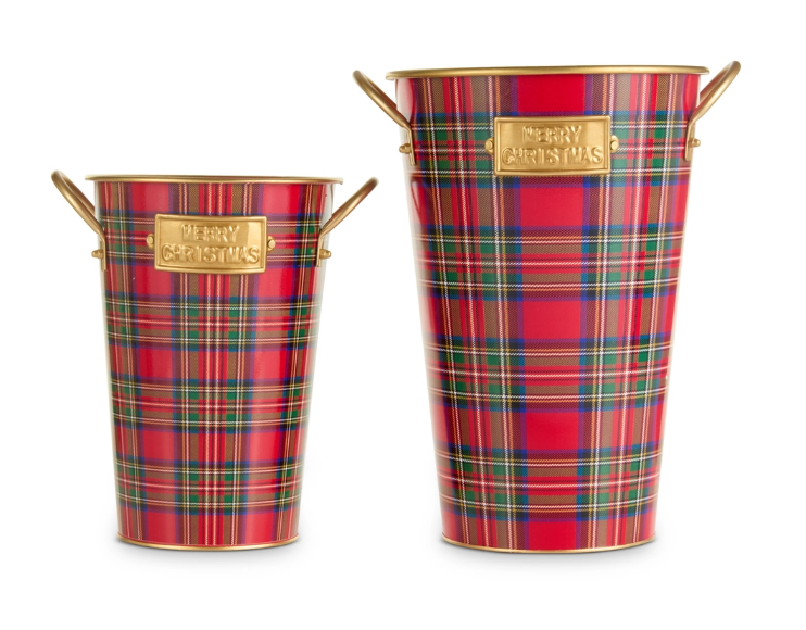 13.5" Red, Green and Gold Plaid Bucket Decor