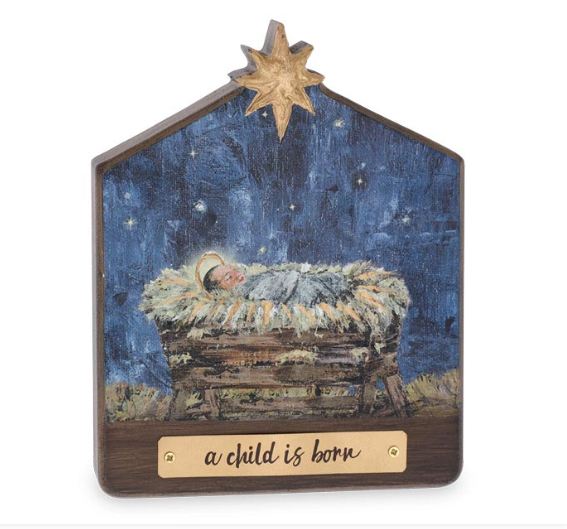 A CHILD IS BORN WOODEN CRECHE SITTER
