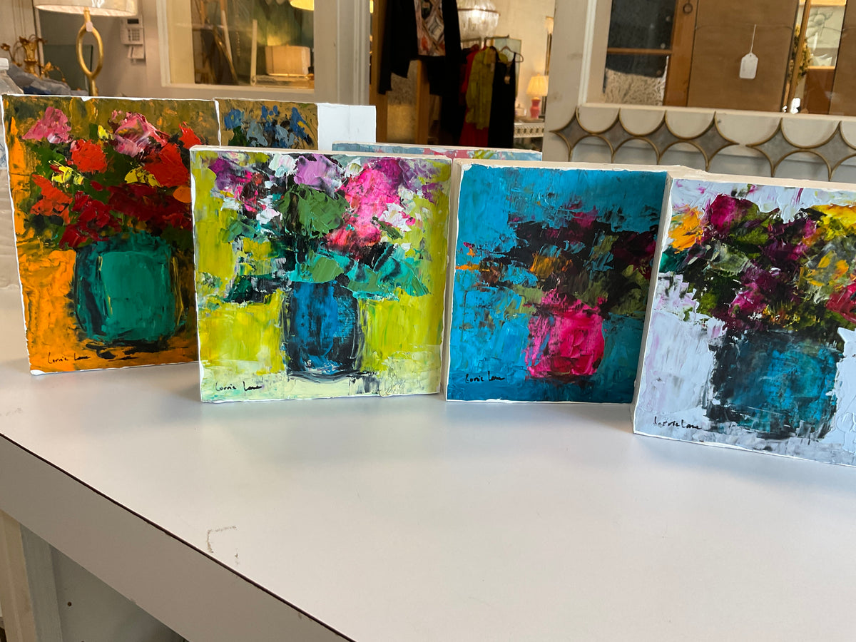 Bouquet In Vase Art On Wood Block
