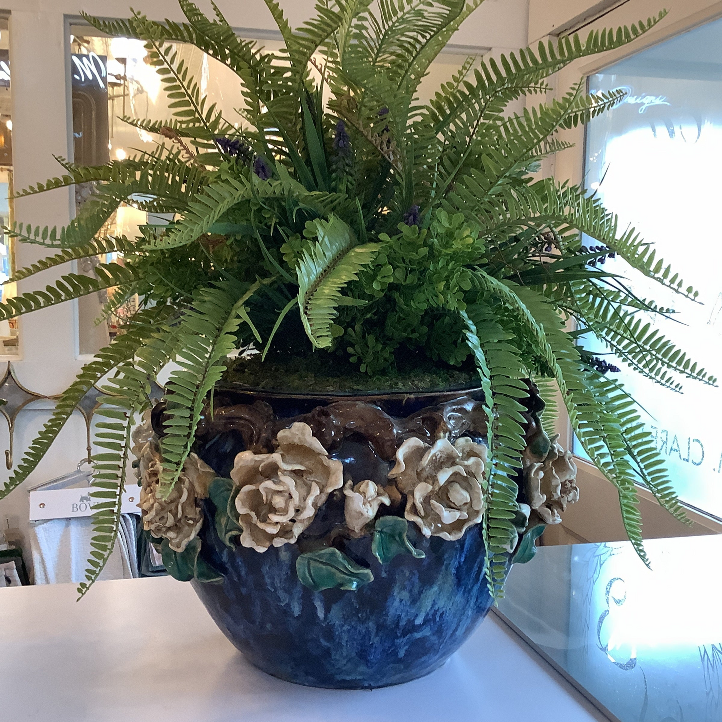 Vintage Majolica Fishbowl W/Flowers & Narrow Fern /Grape Hyacinth