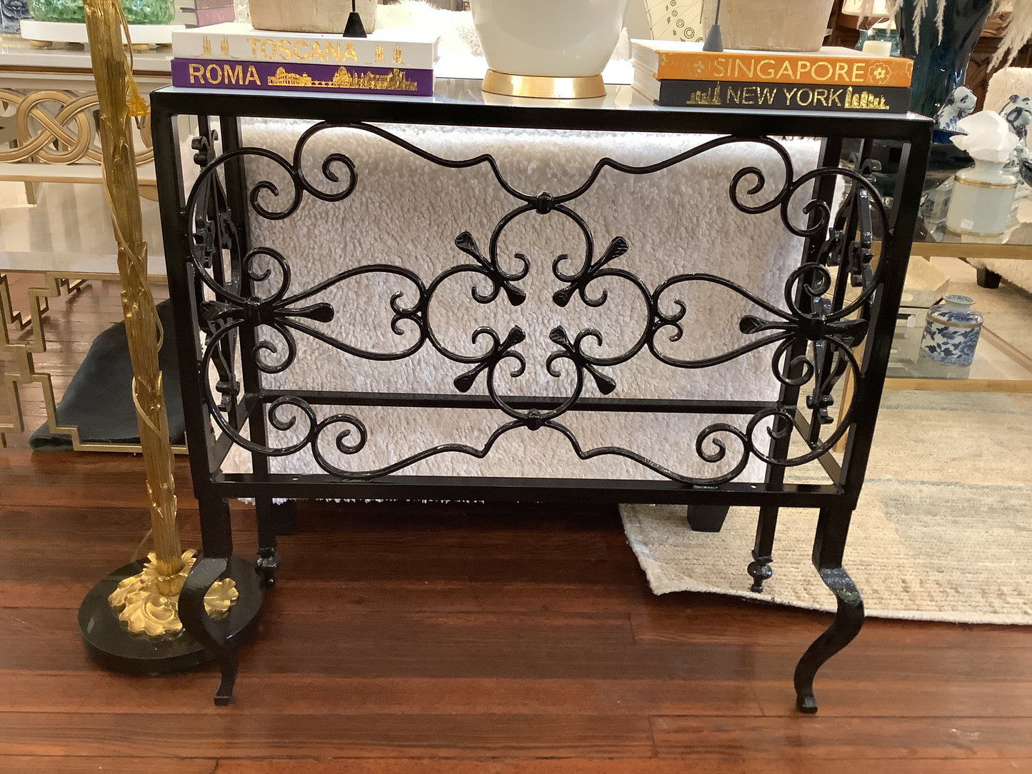 Black Wrought Iron Console W/Marble Top