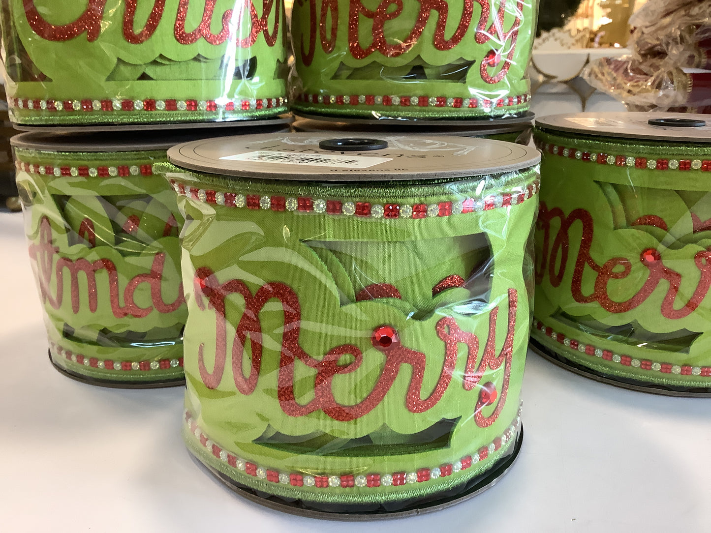 Merry Christmas Ribbon Lime/Red/Glitter