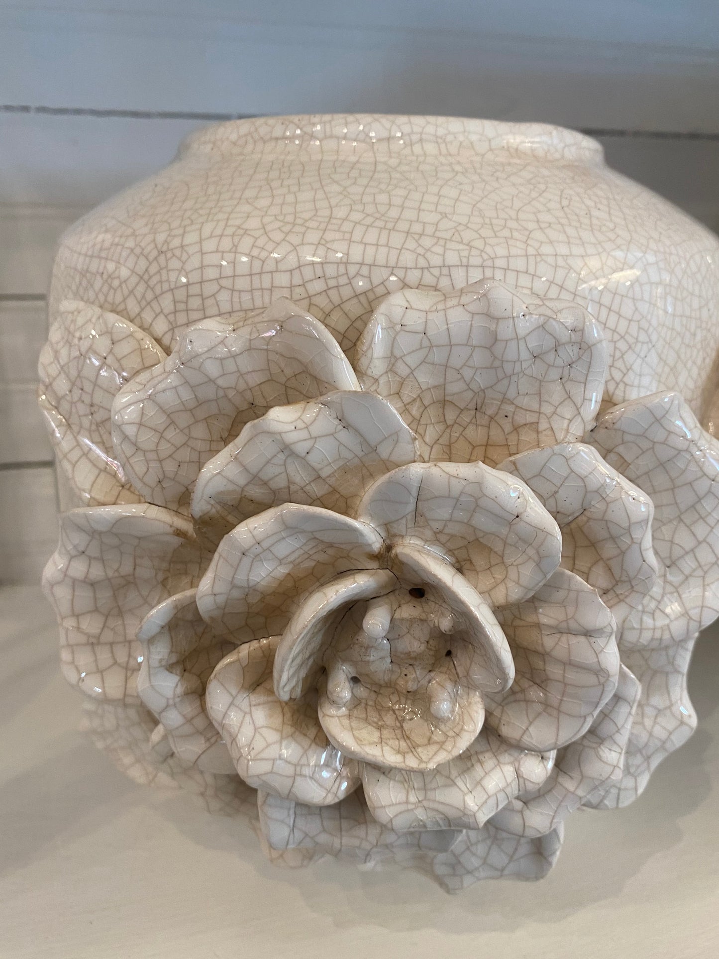 Cream Ceramic Crackled Vase w/Raised Roses