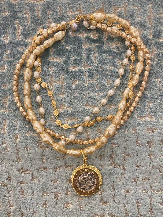 Wrapped Pearl Necklace w/ Medallion