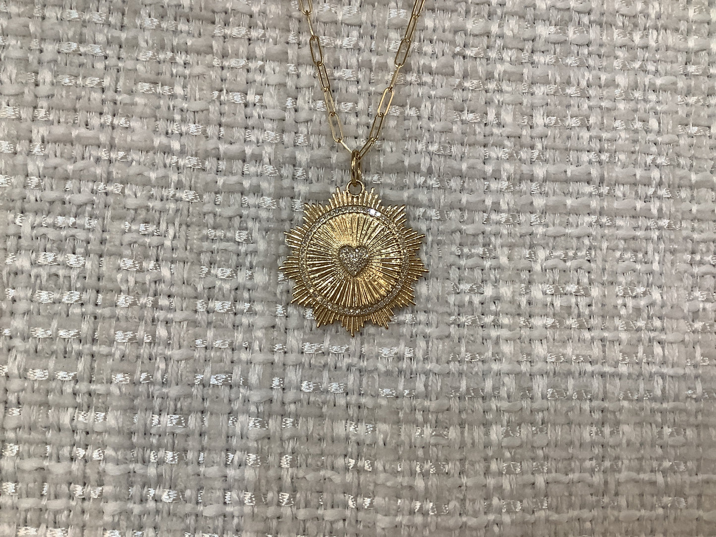 14K Diamond Sunray W/Heart Pendant on 14K PaperClip Necklace