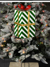 Load image into Gallery viewer, 37&quot; TALL GREEN &amp; WHITE STRIPED METAL CHRISTMAS GIFT BOX WITH STAKE