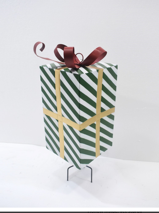 37" TALL GREEN & WHITE STRIPED METAL CHRISTMAS GIFT BOX WITH STAKE