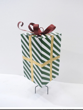 Load image into Gallery viewer, 37&quot; TALL GREEN &amp; WHITE STRIPED METAL CHRISTMAS GIFT BOX WITH STAKE