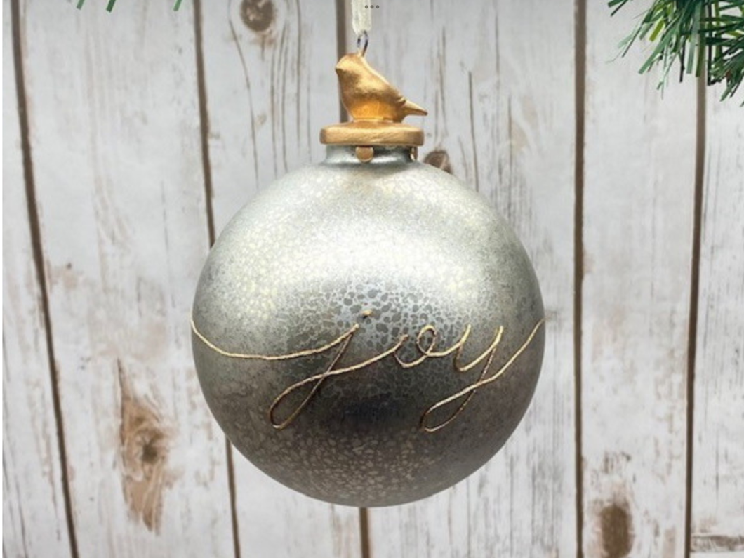 Joy Silver Ornament W/ Gold Bird