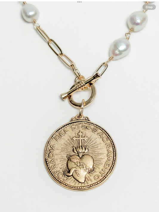 Baroque Pearl Sacred Heart Coin Necklace