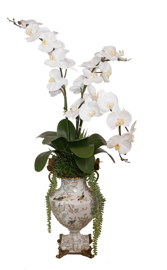 Porcelain Vase With Bronze Dragonfly Accent & Orchids