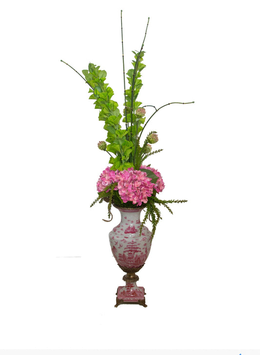 Porcelain Vase W/Bronze Dragonfly  W/Pink  Hydrangeas & Bell of Ireland