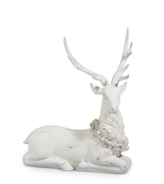 29" WHITE LAYING DEER WITH HOLLY WREATH