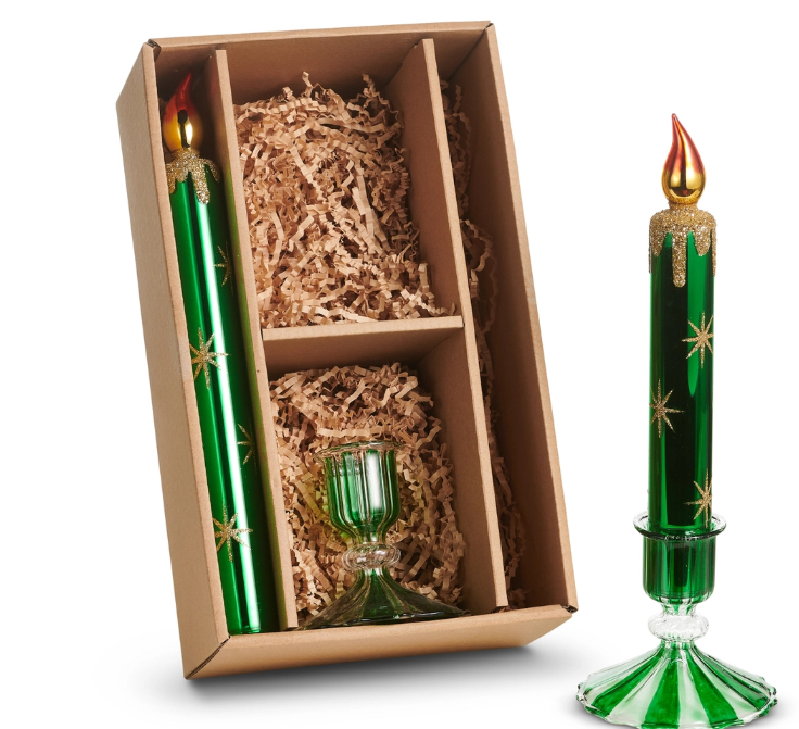 11" Box of Green Glass Candles and Holders