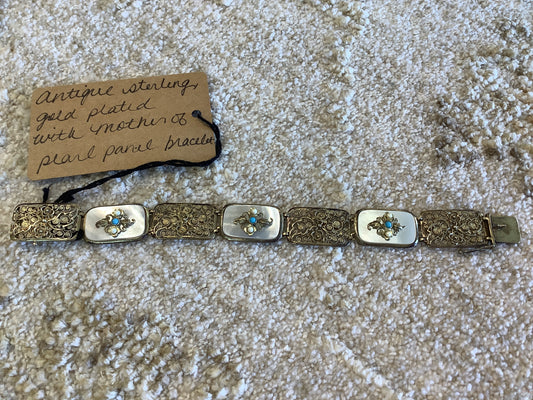 Antique Sterling Gold Plated W/Mother on Pearl Panel Bracelet