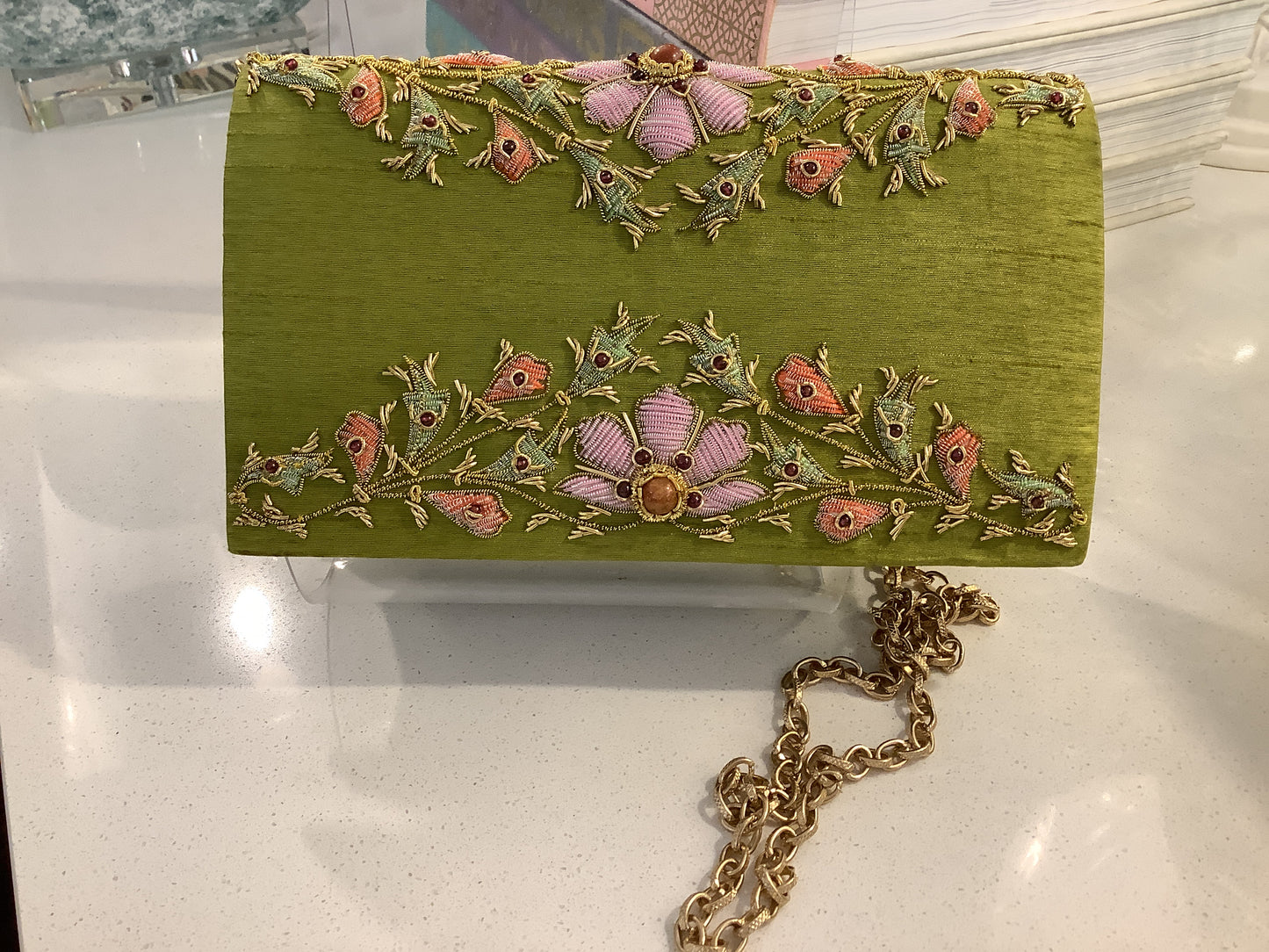 Chartreuse Green Silk Clutch W/Pastel Pink