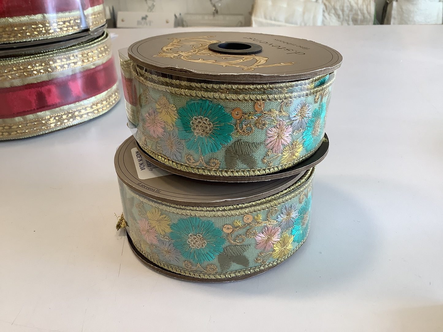 Metallic Dupion Teal,Pink,Yellow Embroidery Flowers
