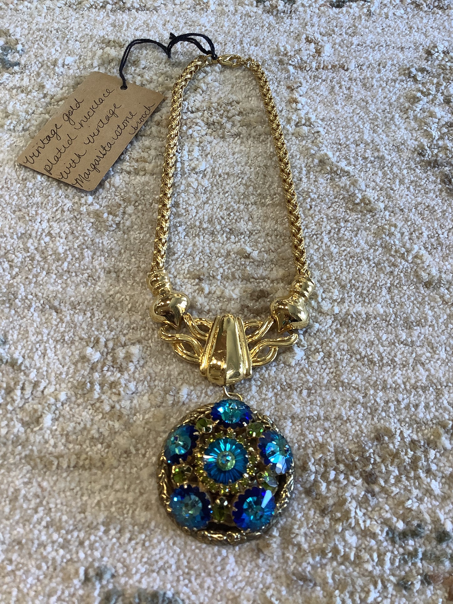 Vintage Gold Plated Necklace W/Vintage Margarita Stone Brooch