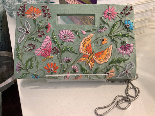 Green Silk Clutch With Embroidered Butterflies