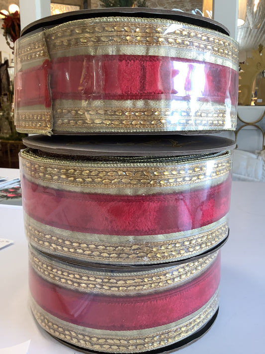 Red Velvet Metallic Dupion Trim W/Jewel Side Trim 6”x70”