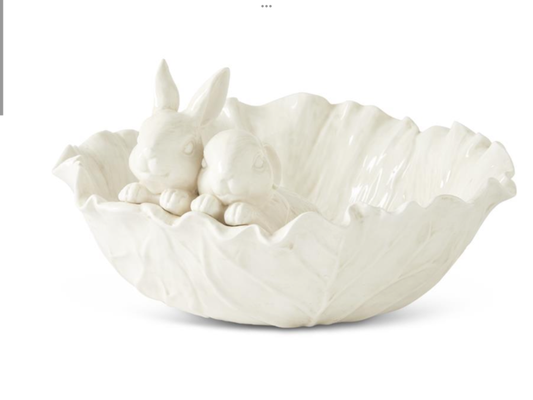 Antiqued White Cabbage Bowl W/Rabbits