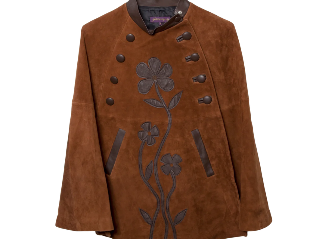 Brown Suede Cape W/ Leather Collar/Pocket and Appliqués
