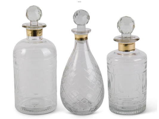 Set Of 3 Etched Glass Decanter