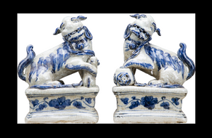 Porcelain Blue and White Foo Dog-Pair