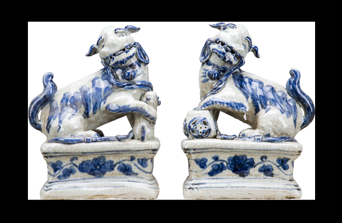 Porcelain Blue and White Foo Dog-Pair