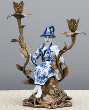 Load image into Gallery viewer, Porcelain Figurine Bronze Candle Holder -Blue and White